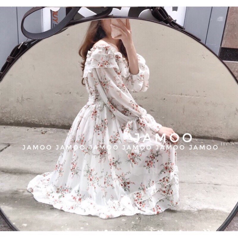 Váy hoa nhí siêu xinh _ Đầm hoa nhí trễ vai hai màu JAMOO (hình shop tự chụp/sẵn) | BigBuy360 - bigbuy360.vn