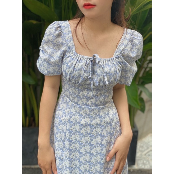 Váy hoa nhí tay phồng xẻ tà dáng dài phong cách Hàn Quốc size S M CHIEDESIGN