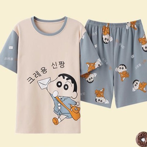 Bộ Đồ Ngủ Tay Ngắn Vải Cotton In Hình Cậu Bé Bút Chì Shin-Chan Thời Trang Mùa Hè Cho Nam
