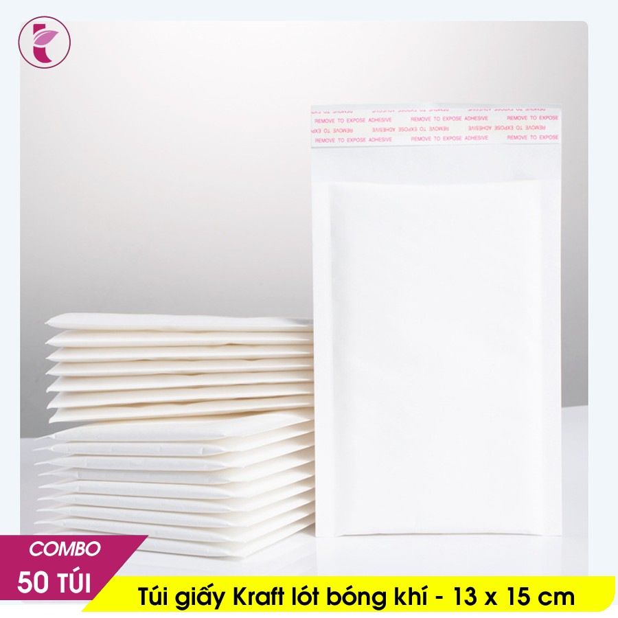 13x15cm - 50 Túi giấy Kraft trắng Túi gói hàng chống sốc lót bóng khí niêm phong