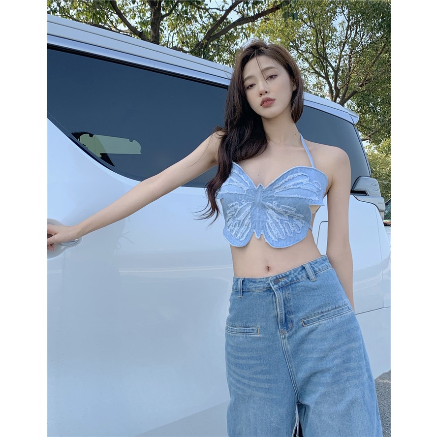 QKOOLE Áo Croptop Không Tay Phong Cách Cao Bồi Thời Trang Hàn Quốc Dành Cho Nữ