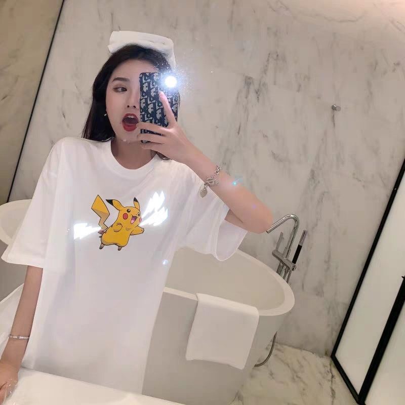 Áo Thun Nam Nữ Unisex Phản Quang Bạc Pikachu Tia Chớp Form Rộng Tay Lỡ Lapi Vn, Áo Phom Rộng Cổ Tròn, Freesize