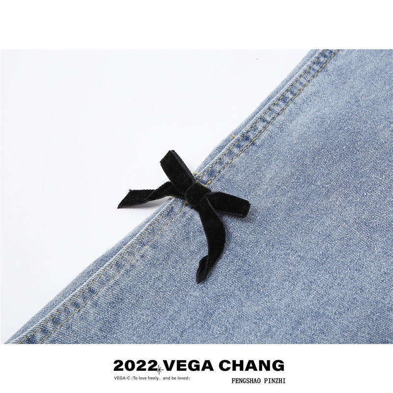 Bow knot split jeans women's spring and autumn style high waist new Korean version ins loose micro straight tube pants