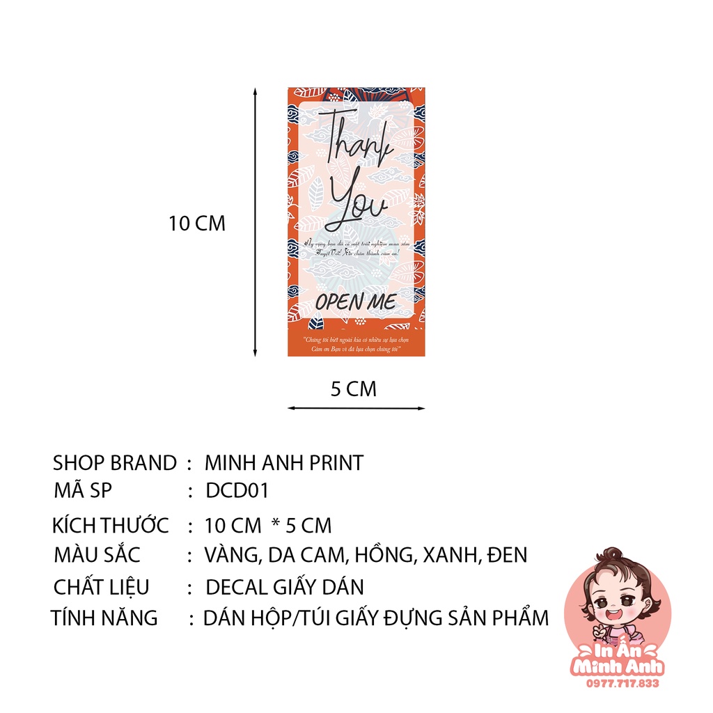 Tem dán sticker thank you, open me, tem niêm phong cute dán vintage trên hộp carton, túi giấy kraft đựng quà DCD01