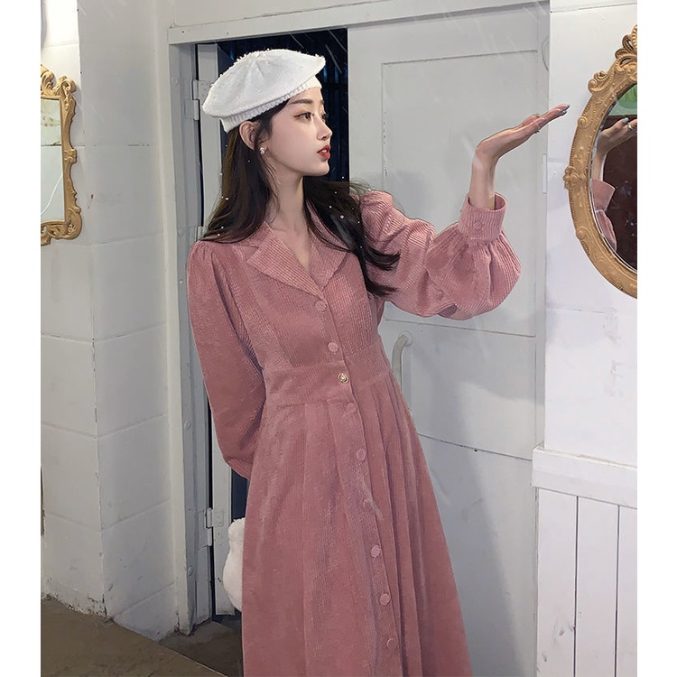 IELGY    Đầm Nhung Cổ polo Dáng Dài Vừa Thời Trang Pháp Thanh Lịch Cho Nữ