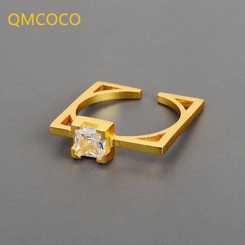 Nhẫn Hở Đính Đá Zircon Hình Vuông Màu Vàng / Bạc Tùy Chỉnh Thời Trang Dự Tiệc Tùng Cho Nữ QMCOCO