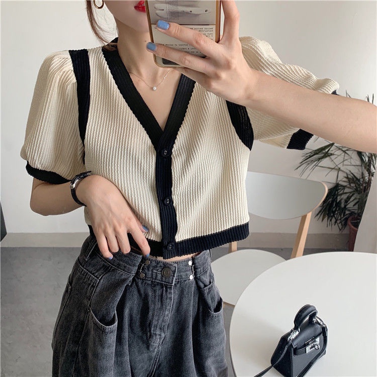 Áo cardigan dệt kim tay ngắn cổ chữ V phối màu tương phản phong cách Hàn Quốc thời trang mùa hè 2020 mới cho nữ