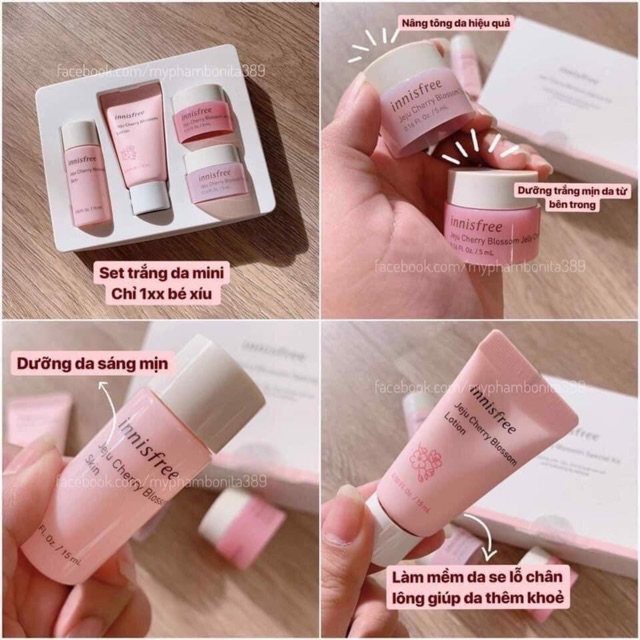 Bộ dưỡng da trắng hồng Inisfree Jeju Cherry Blossom Cream &amp; Special Gift, DƯỠNG TRẮNG DA HOA ANH ĐÀO INNISFREE