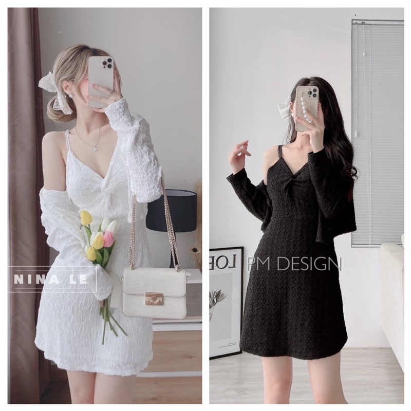 Set xốp váy xoắn mix cardigan rời