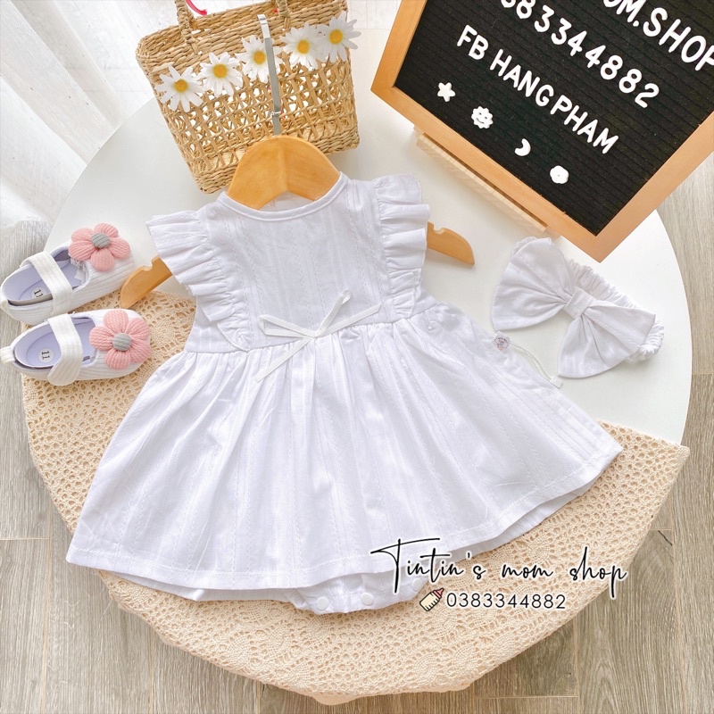 Set váy trắng thô mềm cánh tiên đầy tháng/ thôi nôi kèm nơ cho bé gái