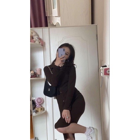 Đầm thun tay dài màu nâu ôm eo dáng dài lệch tà