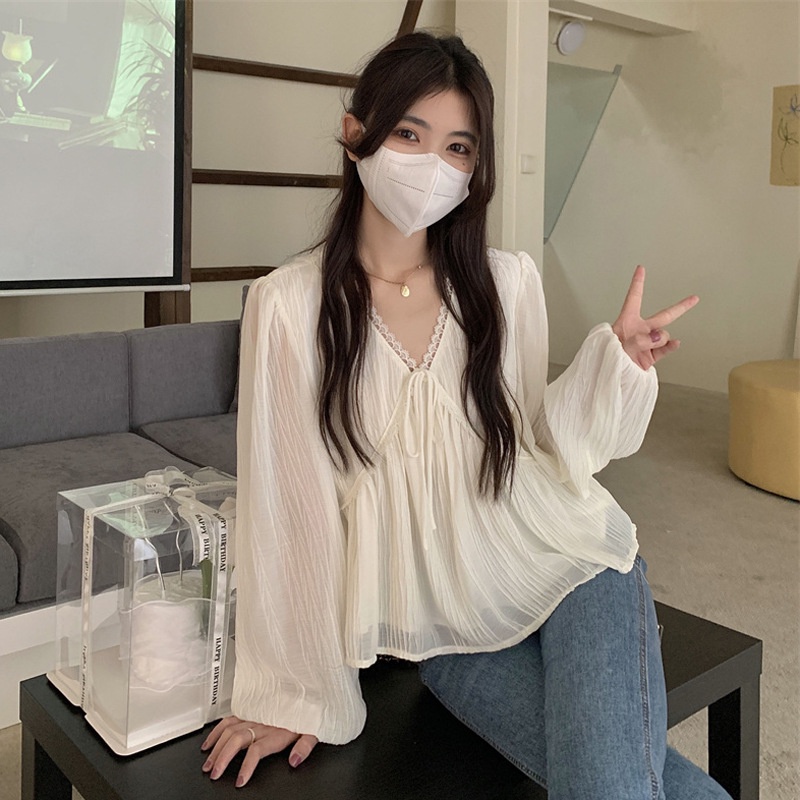 Linki ❀ Áo Sơ Mi Voan Tay Dài Cổ Chữ v Phối Ren Nữ Tính Hợp Thời Trang