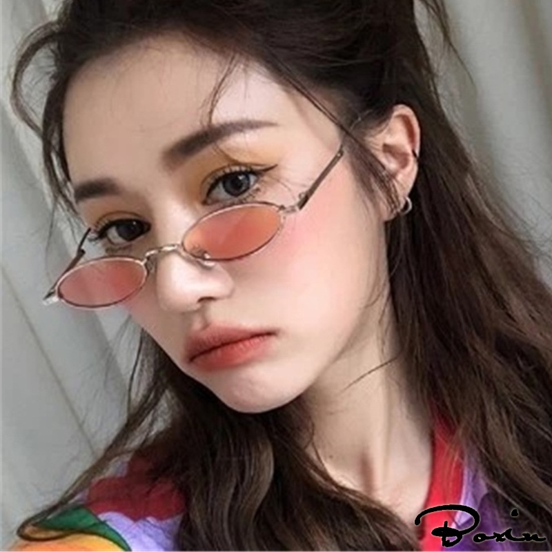 Kính Mát Gọng Kim Loại Tròng Elip Nhỏ Chống Tia UV400 Phong Cách Hip hop Cho Nam Và Nữ