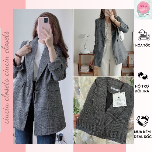 Áo Blazer Cổ Vest Kẻ Caro Vải 2Lớp Style Hàn Công Sở