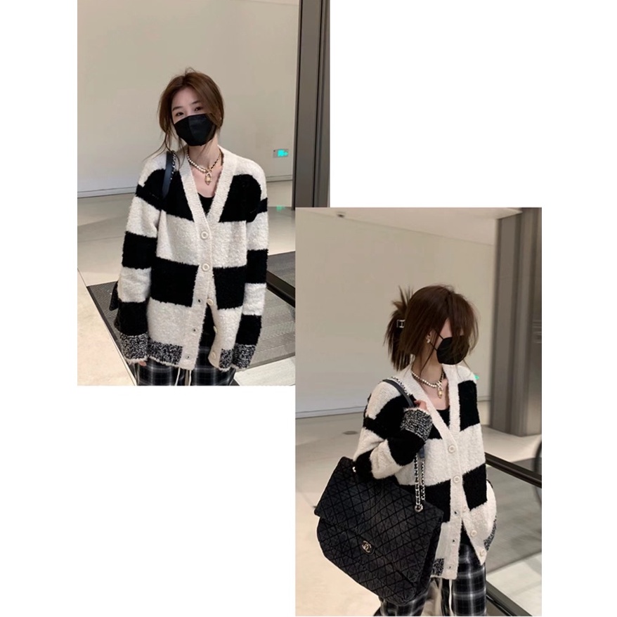 Áo khoác cardigan ZHELIHANGFEI dệt kim tay dài dáng rộng họa tiết kẻ sọc thời trang