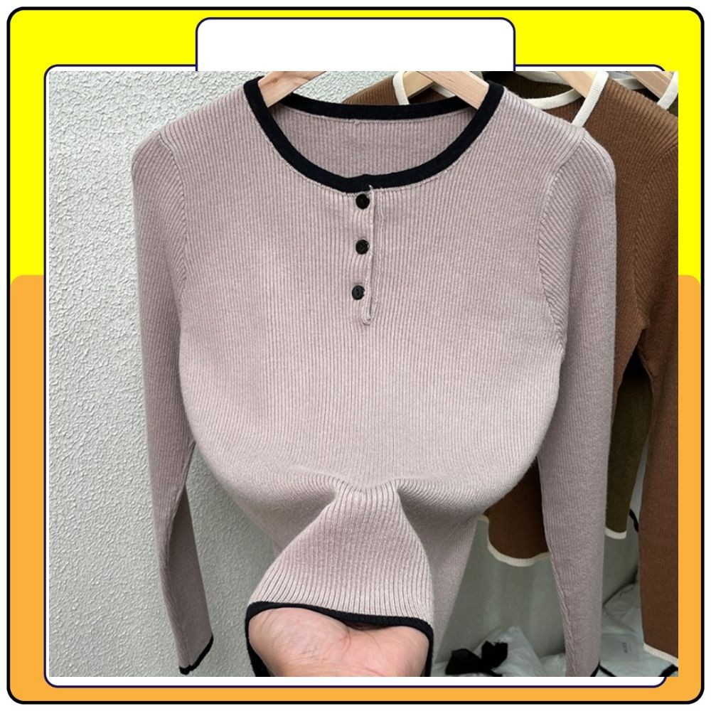 Áo sweater tay dài cổ tròn body nữ, áo len cúc nhiều màu nữ thời trang Queenshop