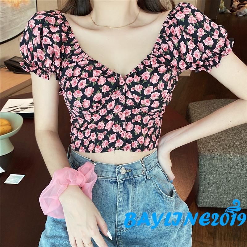 Áo croptop tay ngắn cổ chữ V họa tiết hoa phong cách thời trang