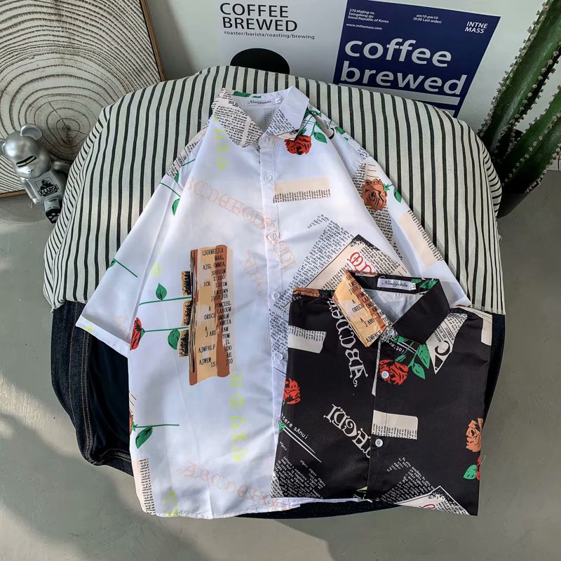 Áo sơ mi ngắn tay in hình hoa hồng thời trang cho nam