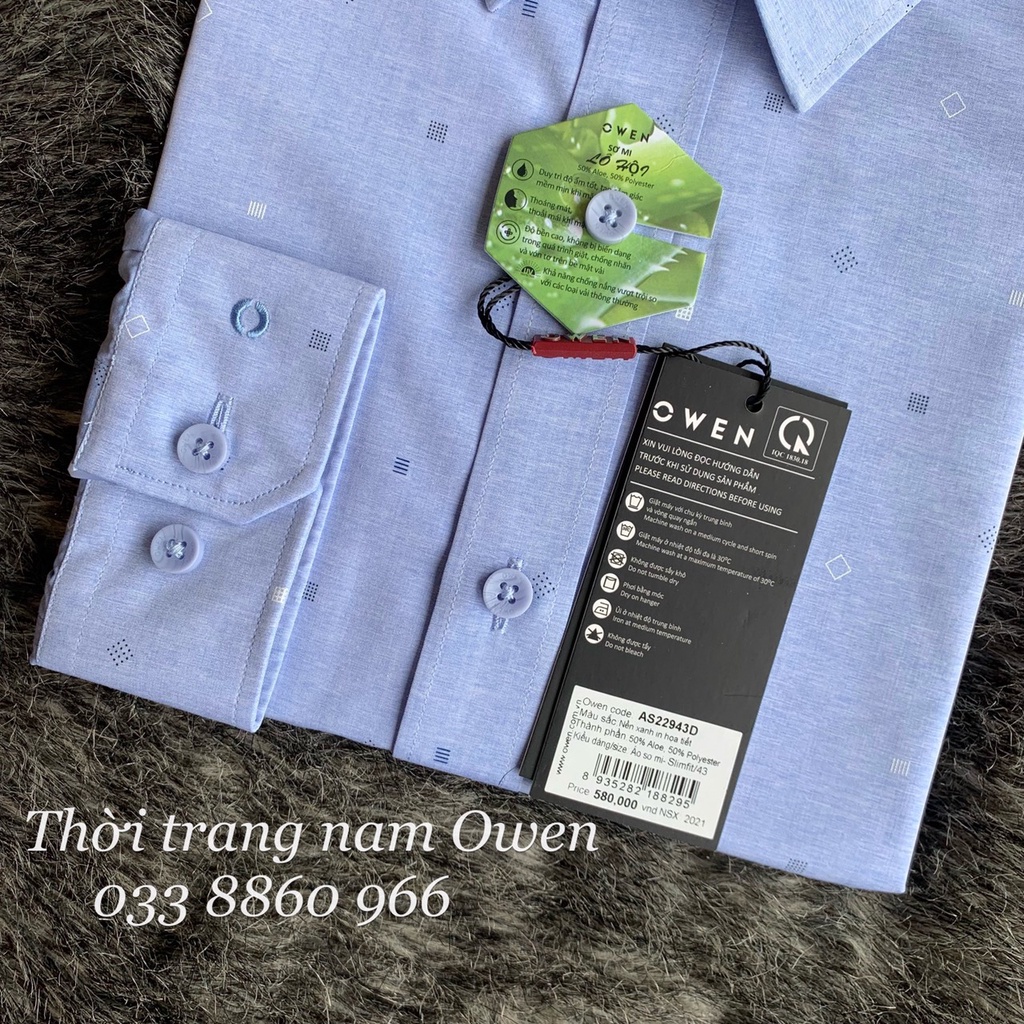 OWEN - Áo sơ mi dài tay Owen Slimfit chất lô hội mềm mịn màu xanh in họa tiết 22943