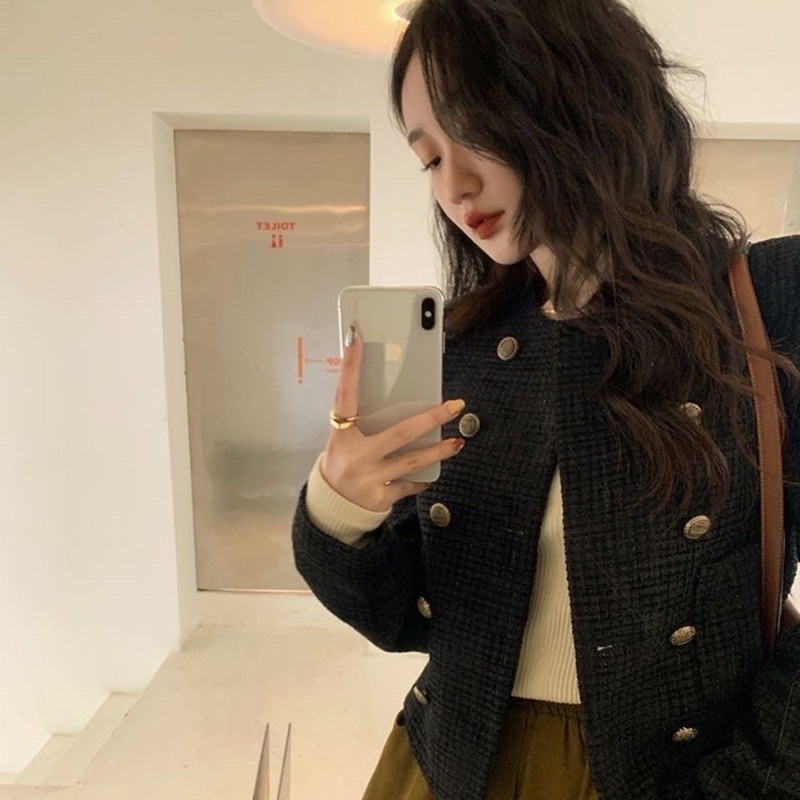 Áo Khoác Dạ Tweed Nữ Dáng Ngắn Dài Tay Thu Đông Phong Cách Hàn Quốc