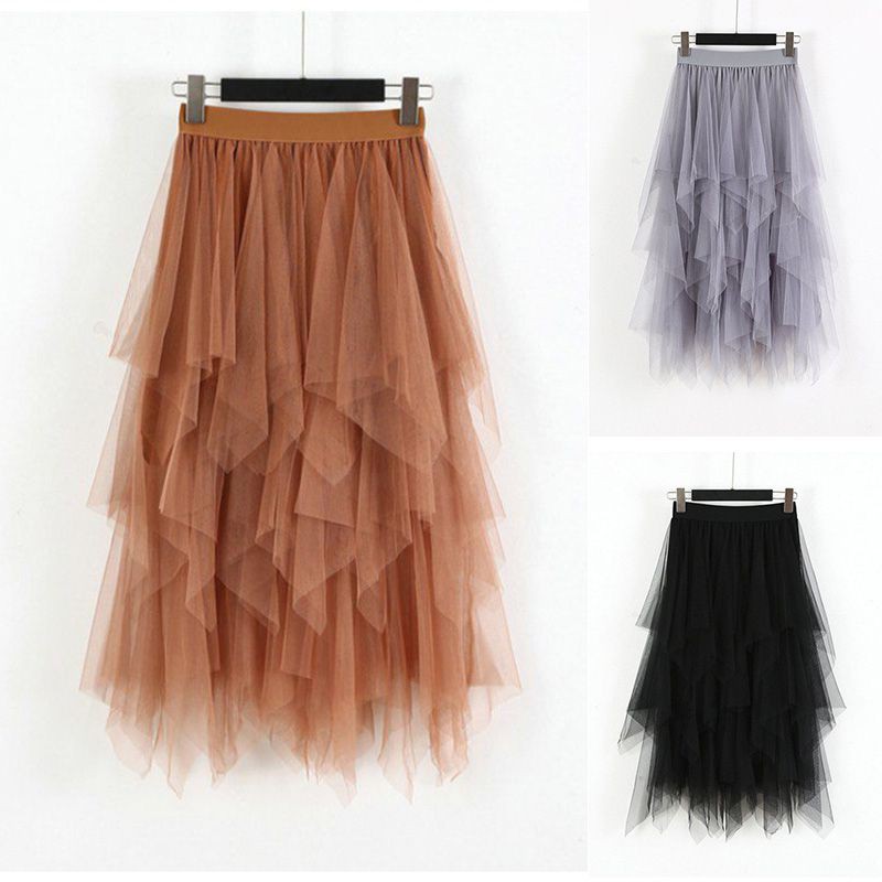 FREESHIP ĐƠN 99K_ Women Elastic High Waist Irregular Mesh A-line Long Paragraph Skirt