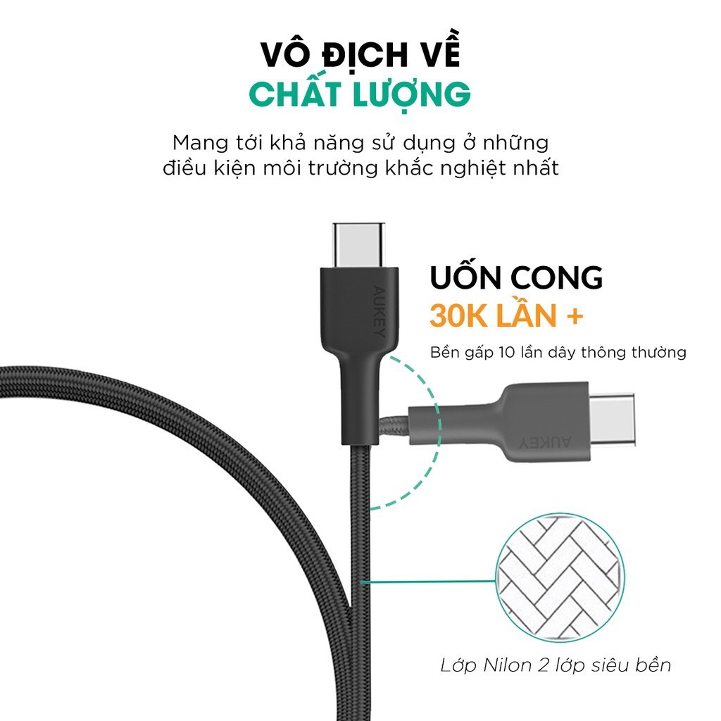 Combo Sạc Nhanh Aukey PA-F1S Power Delivery 20W-Cáp Sạc Nhanh USB-C To Aukey CB-CL2 2M - Hàng Chính Hãng