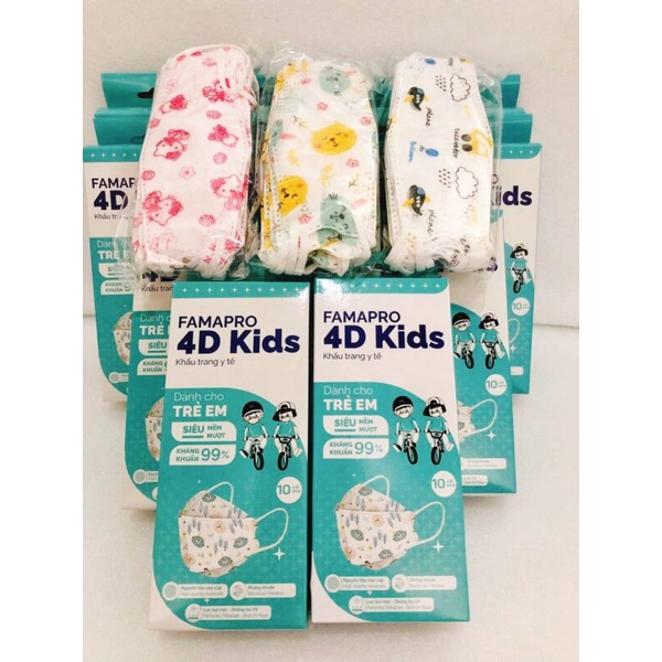 [ COMBO 5- HỘP 10 CÁI] Khẩu trang y tế cao cấp trẻ em kháng khuẩn 3 lớp Famapro 4D Kids(KF94) HÌNH MÈO KITTY