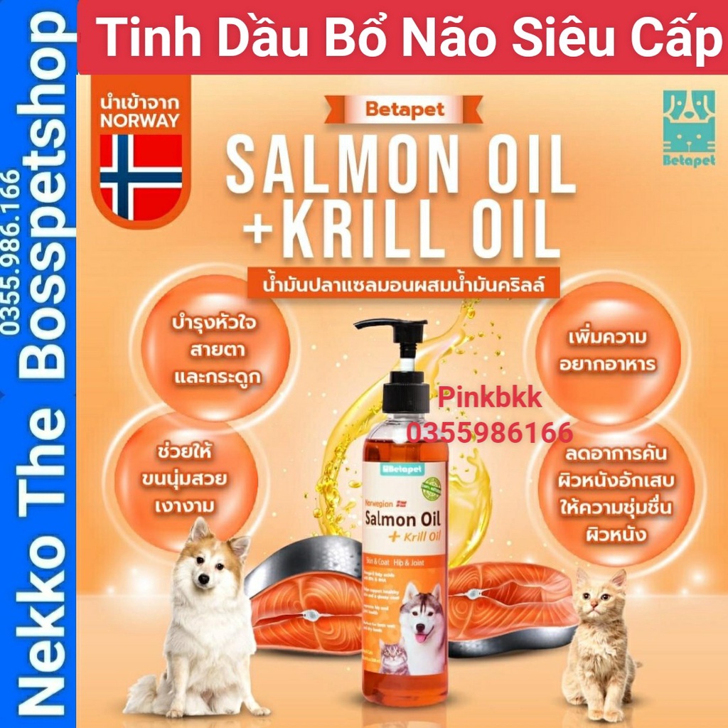 Tinh Dầu Cá Hồi NaUy và Dầu Krill Oil Siêu Bổ Não và Dưỡng Lông Mèo và Chó Betapet⚡  NỘI ĐỊA THÁI LAN⚡  300ml
