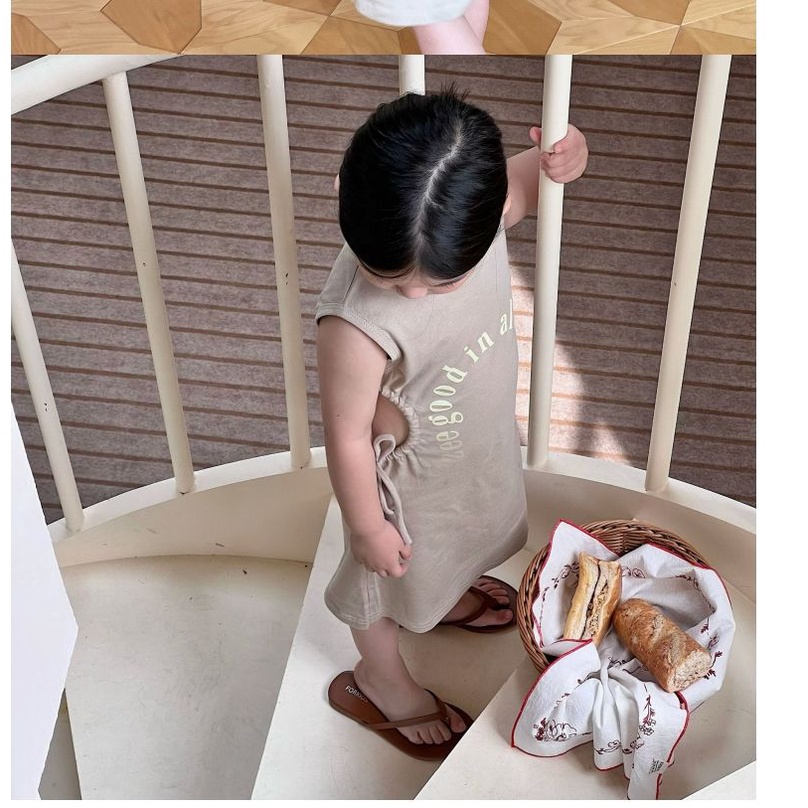 Đầm Thun Dáng Dài Cột Dây In Chữ Thời Trang Mùa Hè Phong Cách Hàn Quốc Cho Bé Gái