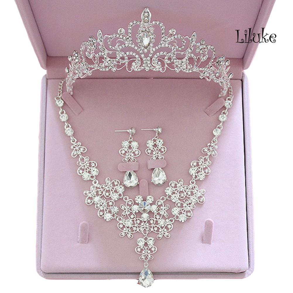 Bộ 3 Món Vòng cổ + Bông Tai + Vương Miện + Băng Đô Sang Trọng Thời Trang Cho Nữ