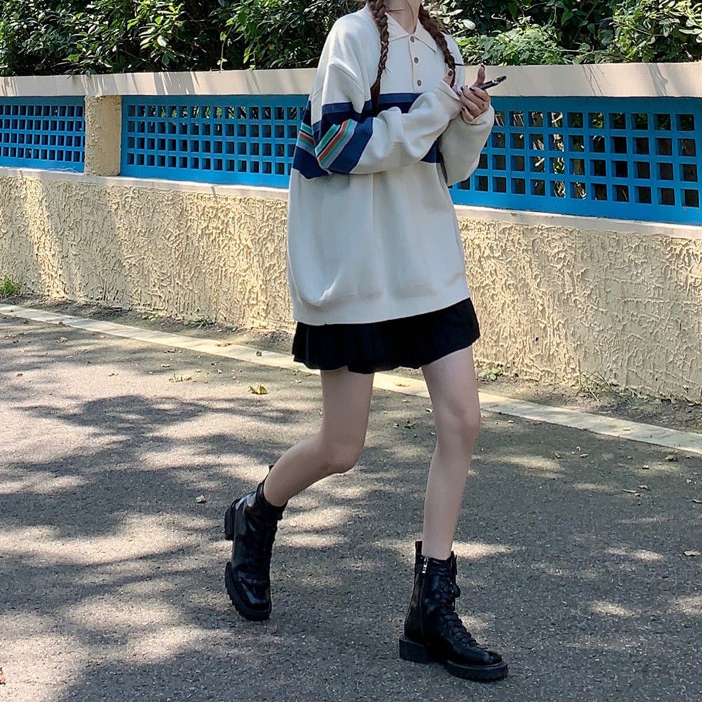 Áo sweater tay dài cổ polo dáng rộng họa tiết sọc ngang thời trang mới | BigBuy360 - bigbuy360.vn