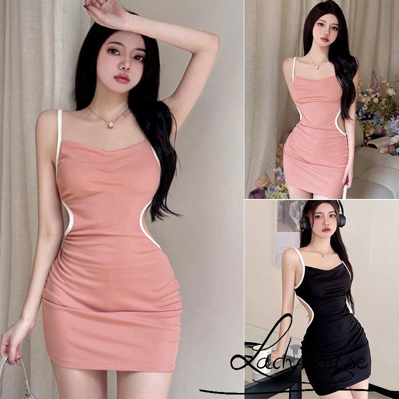 Ldd-đầm Hai Dây Spaghetti Khoét Rỗng Màu Tương Phản Mùa Hè Màu Hồng / Đen Cho Nữ