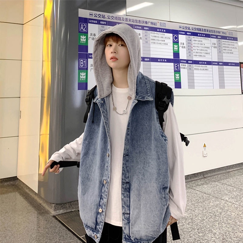 Áo Khoác Denim Không Tay Có Mũ Trùm Phong Cách Hàn Quốc Thời Trang Mùa Thu Dành Cho Nam