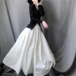 Chân váy dáng dài lưng thun cao màu đen/ trắng thiết kế xòe thời trang 2021 dành cho nữ #6