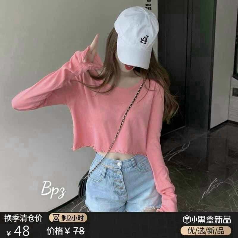 Áo croptop tay dài, thun gân đơn giản 4 màu