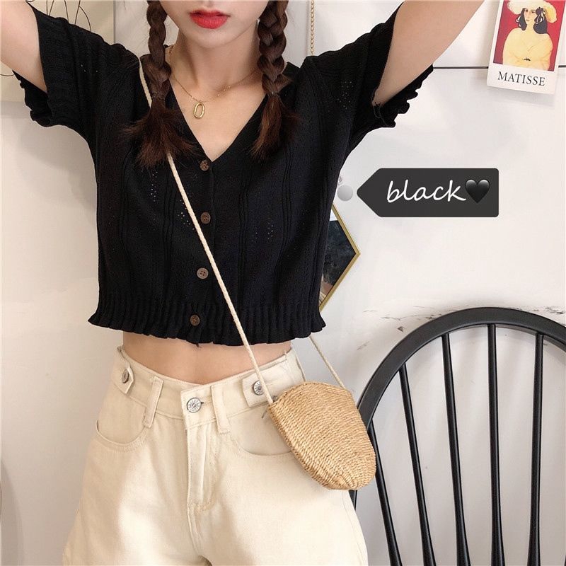 Kiểu dáng Jenny Hàn Quốc Cổ chữ V cài cúc áo crop top dệt kim mỏng vừa vặn