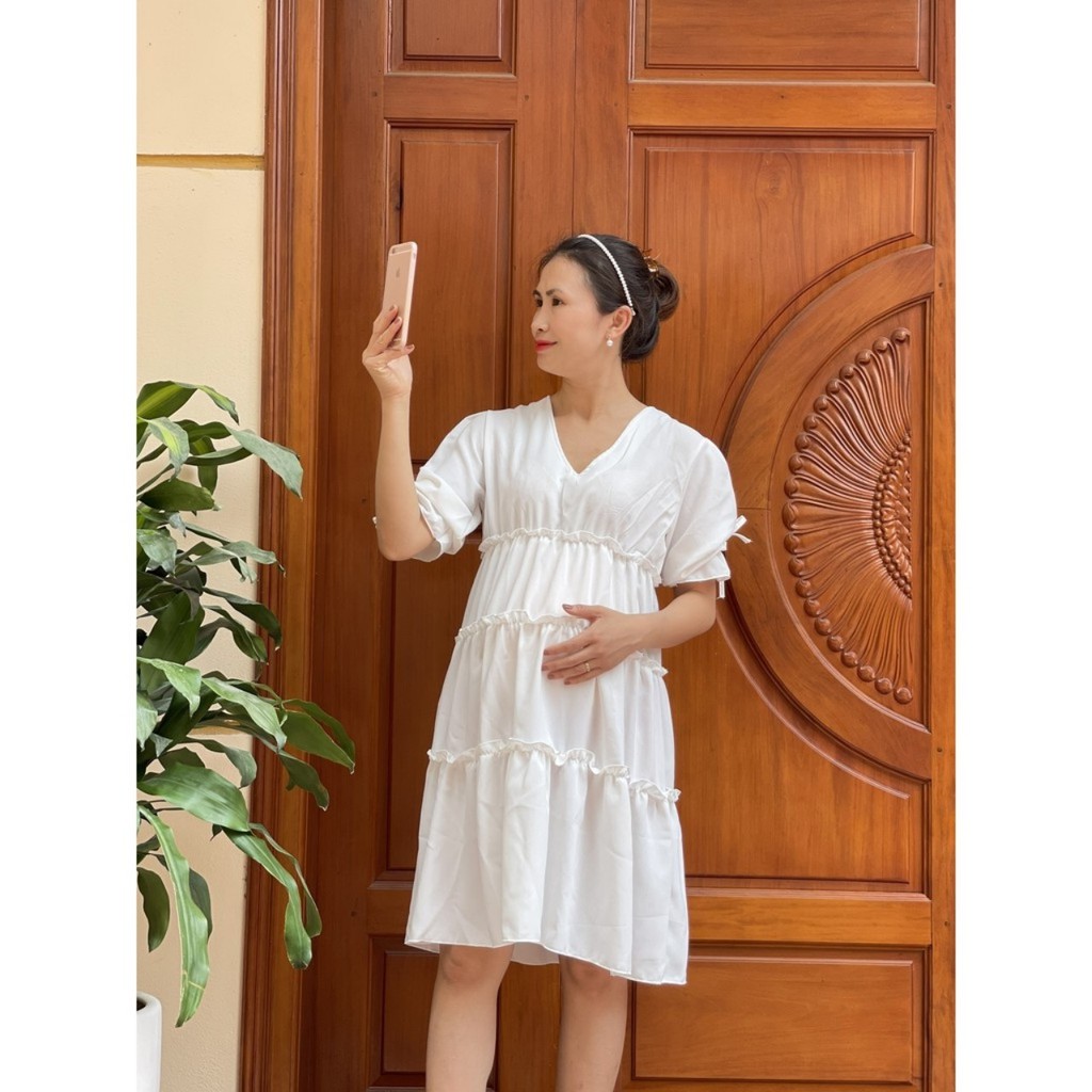 Váy bầu CHẤT VOAN LỤA thoáng mát, cổ V thiết kế xếp tầng sang chảnh, tiểu thư V272