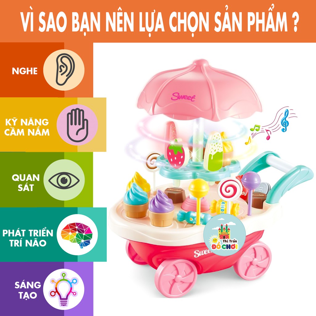 Đồ chơi nấu ăn nhà bếp mô hình xe đẩy bán kem cho bé 30 chi tiết có nhạc, đèn 668-56 - Thị trấn đồ chơi