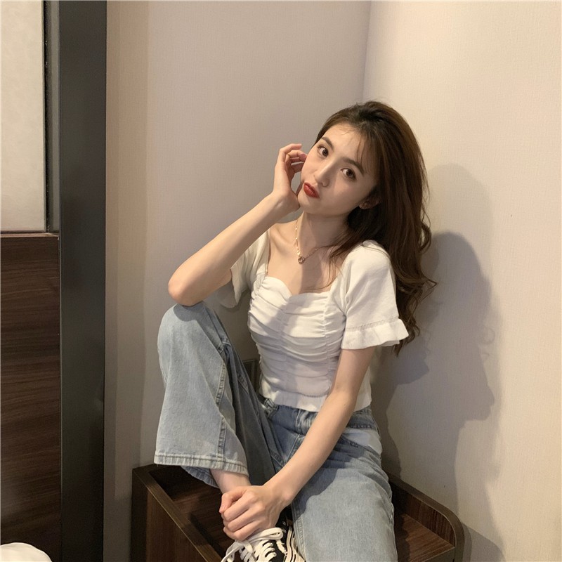 (Sẵn vàng trắng)Áo croptop ôm body nữ tay ngắn 2021, áo kiểu nữ đẹp màu trắng, đen, vàng cổ vuông sang chảnh | BigBuy360 - bigbuy360.vn