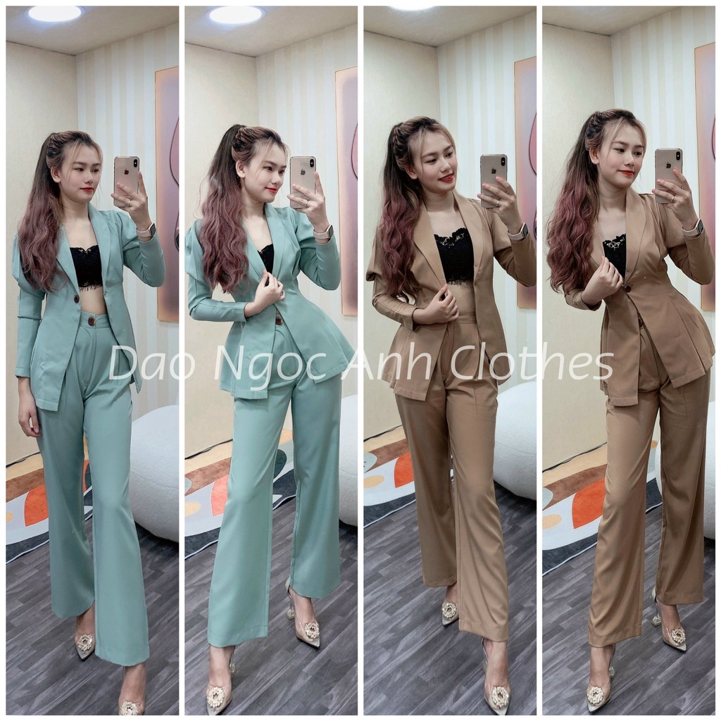 Set vest tay dài một nút chít eo kèm quần tây chất kaki thun siêu thoáng mát, thoải mái