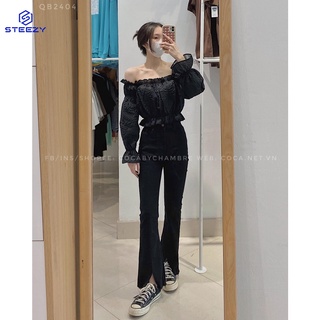Quần jeans đen loe xẻ giữa mã 2404