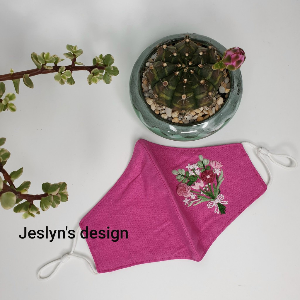 Khẩu trang thêu tay vải linen hình hoa JL165