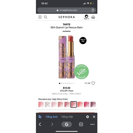 [SẴN] Son dưỡng hữu cơ Tarte màu Rose fullsize