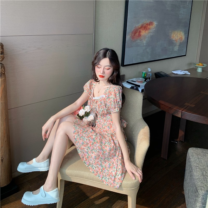 Xiaozhainv Đầm Cổ Vuông Tay Phồng Họa Tiết Hoa Xinh Xắn Phong Cách Retro Hàn Quốc | BigBuy360 - bigbuy360.vn