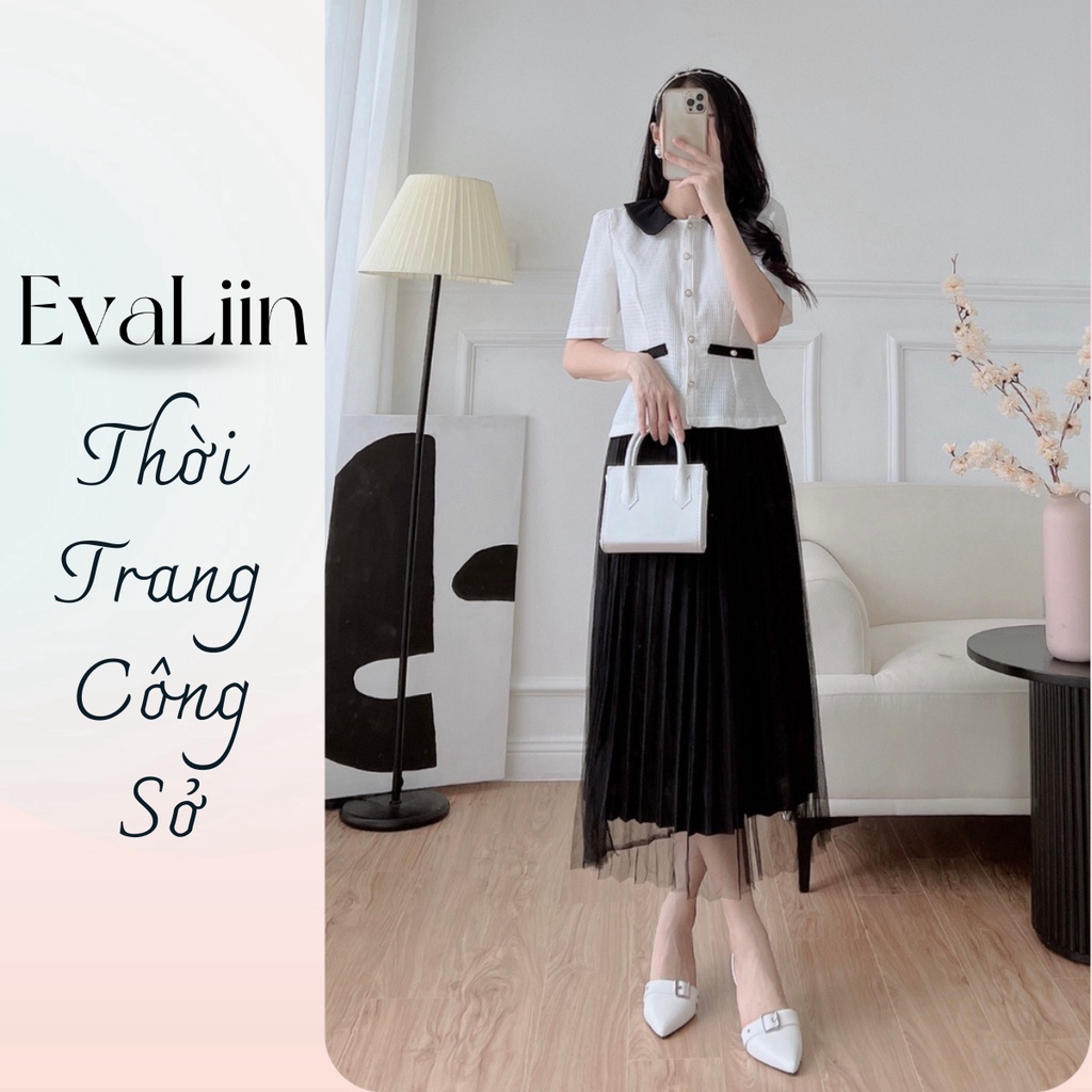 Chân váy cạp chun xếp ly Free size mix áo croptop sơ mi 2 lớp dài qua gối giữ form tốt EvaLiin