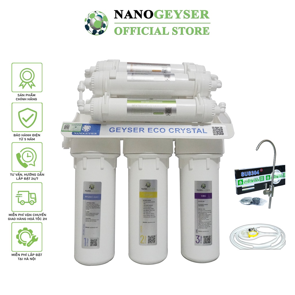 Máy lọc nước Nano Geyser ECO CRYSTAL, Công nghệ màng siêu lọc UF, Bảo hành điện tử 5 năm qua app chính hãng