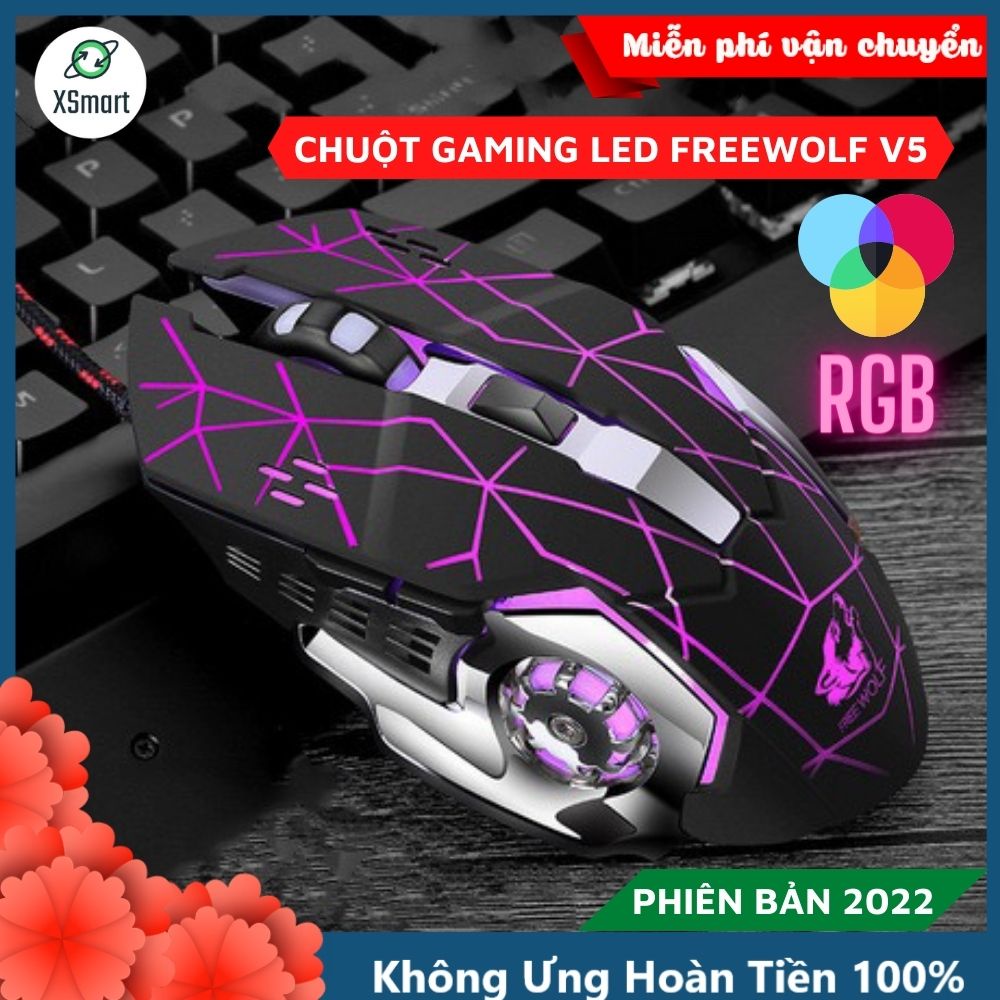 Chuột Gaming Máy Tính FREE WOLF V5 PRO 2022 LED 7 Có Dây màu cực đẹp chuyên game, chỉnh được dpi