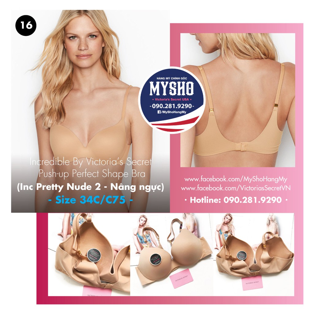 Hàng Auth 34C, C75 - Áo lót nude (16) nâng ngực, dòng Incredible, Push Nude, Victoria's Secret