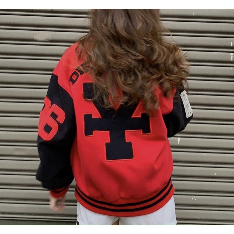 Áo Khoác DirtyCoins Embroidered Varsity Jacket Red Black - Áo Khoác Nỉ Bomber Unisex