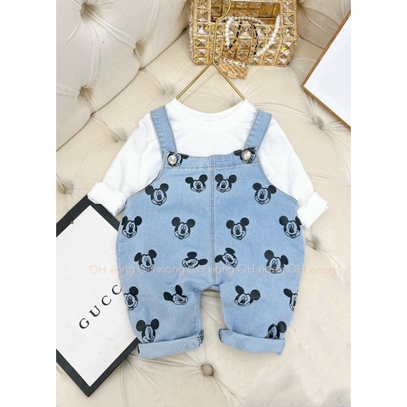 SETB21 - SETB22 Yếm Jean Kèm Áo Thun Cotton Dài Tay In Gấu - mickey Cho Trẻ 6kg Đến 15kg